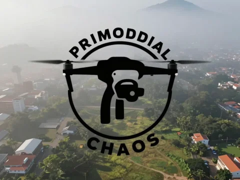 Primordial Chaos Drone Logo Over Aerial Landscape