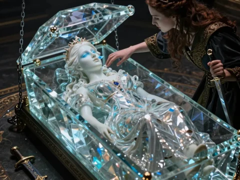 Prince Awakens Sleeping Beauty in Crystal Coffin