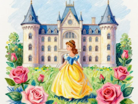 Princess in Rose Garden Before Castle