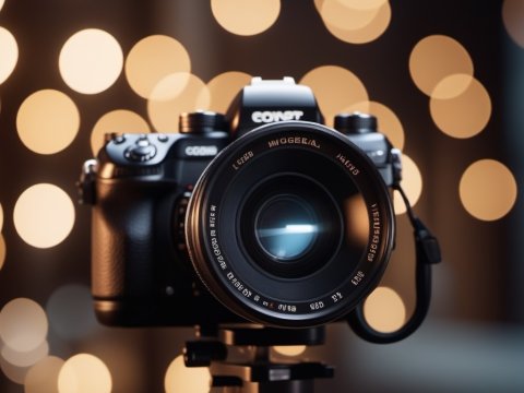 Professional Camera on Tripod with Bokeh Lights