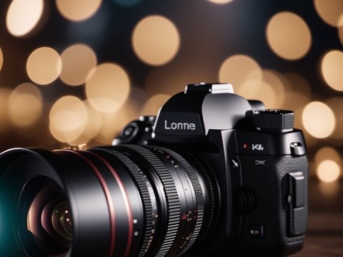 Professional Camera with Large Lens and Bokeh Lights