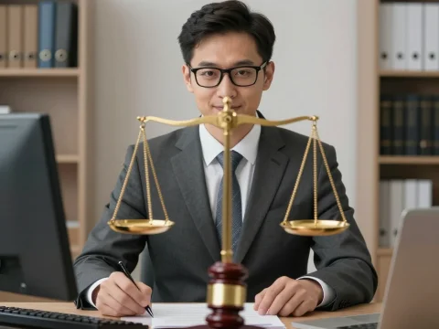 Professional Lawyer at Desk with Scales of Justice