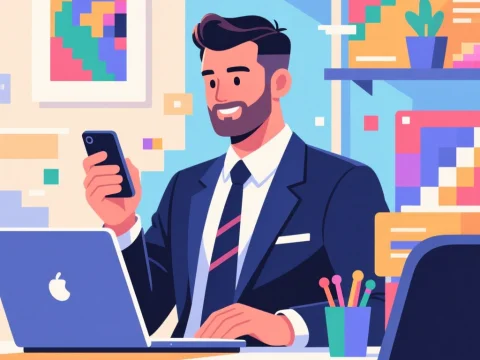 Professional Man Working with Smartphone and Laptop in Office