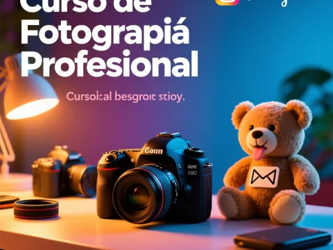 Professional Photography Course Poster with Camera and Teddy Bear
