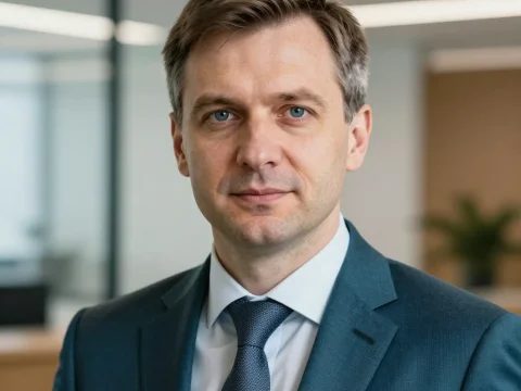 Professional Portrait of a Lithuanian Economist in Corporate Setting