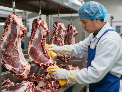 Professional Worker Cleaning Meat in Factory