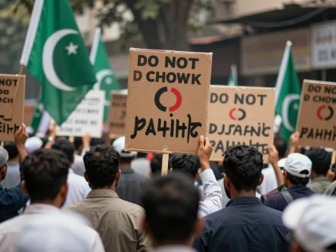 Protesters Holding Signs and Pakistani Flags in a Street Rally