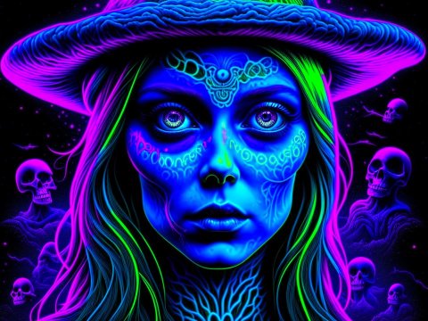 Psychedelic Psychic Witch with Neon Skull Spirits