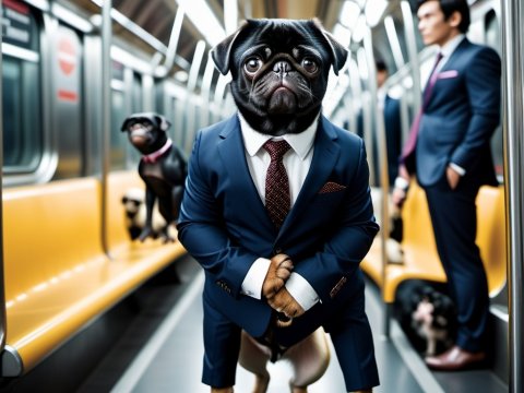 Pug in Business Suit on Subway
