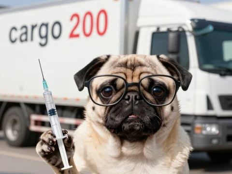 Pug Wearing Glasses Holding Syringe in Front of Cargo Truck
