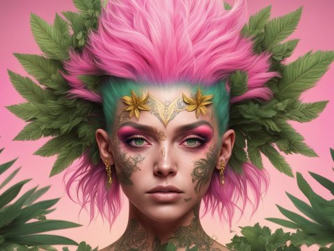 Punk Woman with Pink Hair and Botanical Tattoos