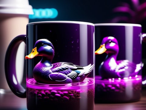 Purple Duck Floating in Coffee Mug with Coffee Beans