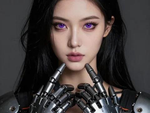 Purple-Eyed Female Inventor with Robotic Exoskeleton