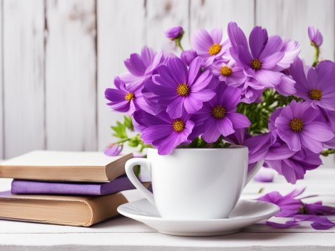 Purple Flowers in White Teacup with Books on Wooden Table