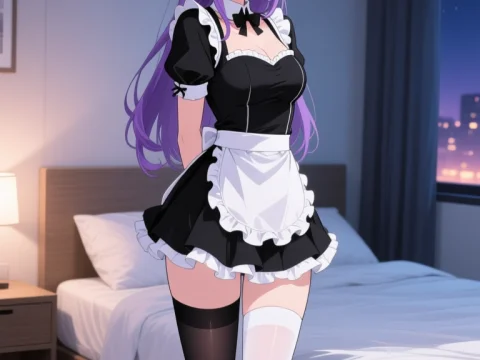 Purple-Haired Anime Maid in Cozy Bedroom