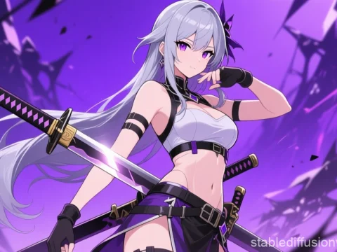 Purple-Haired Female Warrior with Dual Katanas