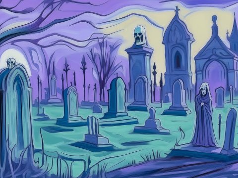 Purple-Hued Graveyard with Gothic Tombstones and Hooded Figure