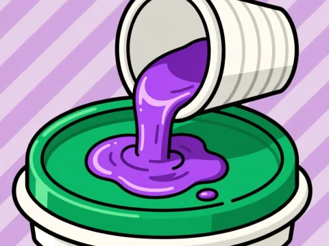 Purple Liquid Pouring into Green-Lidded Container