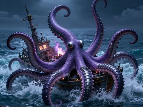 Purple Mechanized Octopus Attacking a Ship at Sea