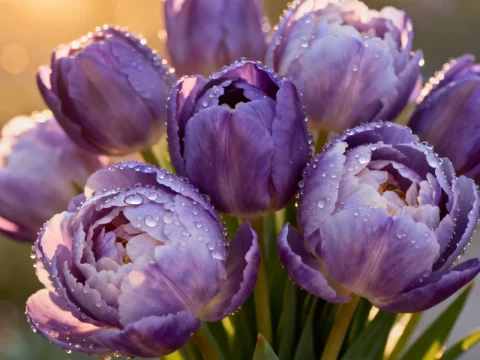 Purple Peonies with Dew Drops in Warm Sunlight