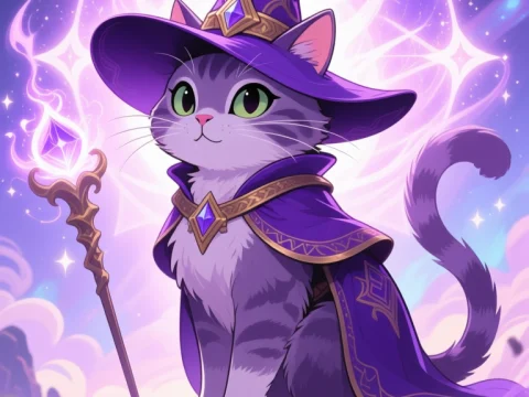 Purple Wizard Cat in Magical Fantasy Setting