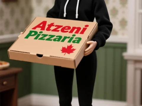 Puzzled Doll Holding Pizza Box in Cozy Room