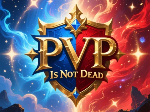 PvP Is Not Dead Emblem with Fiery Blue and Red Background