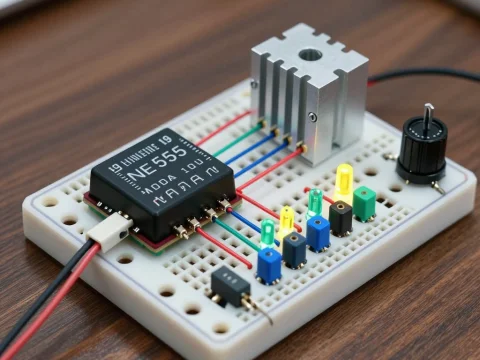 PWM Circuit on Breadboard with NE555 Timer and LEDs