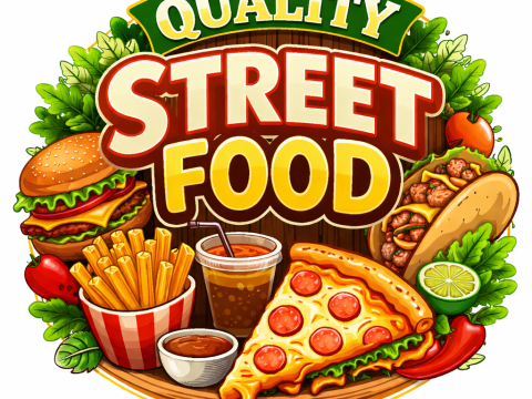 Quality Street Food Logo with Burger, Pizza, Taco, and Fries