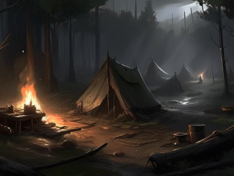 Quiet Campfire in a Dark Forest After Battle