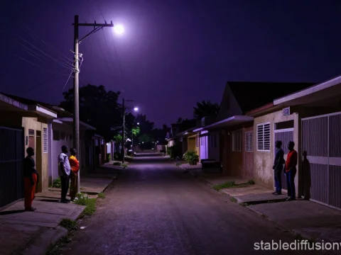 Quiet Lagos Street at Night with People Standing
