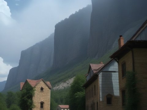 Quiet Mountain Village Road with Stone Houses