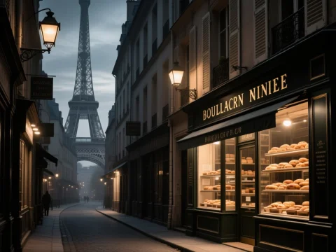 Quiet Parisian Street with Bakery and Eiffel Tower at Dusk