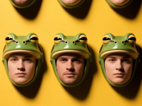 Quiksilver Frog Helmets with Human Faces on Yellow Background