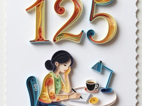Quilled Paper Art of Woman Writing with Number 125