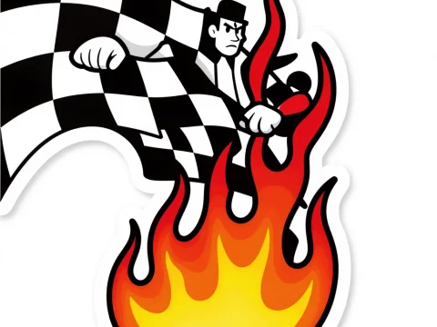 Racing Flag Sticker with Fiery Flames