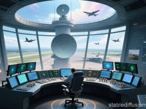 Radar Command Center Overlooking Airfield with Aircraft
