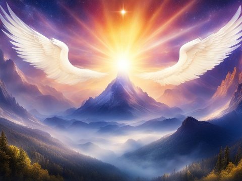 Radiant Angel Wings Over Mystical Mountain