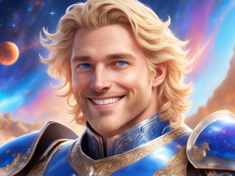 Radiant Cosmic Knight with Blonde Hair and Blue Armor