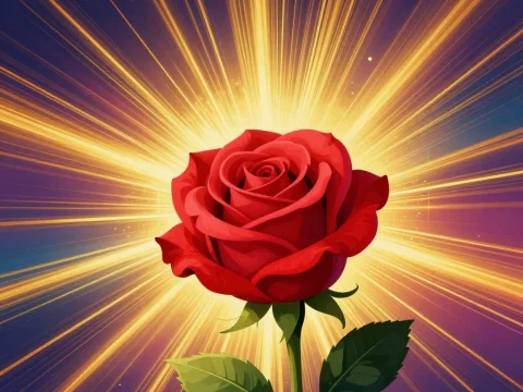 Radiant Red Rose with Golden Light Burst