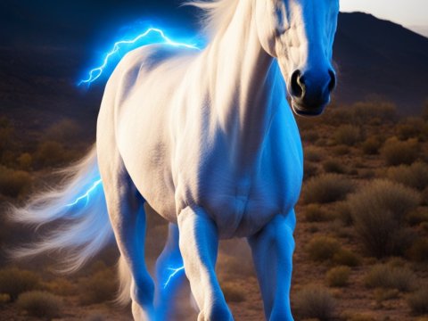 Radiant White Horse with Electric Blue Lightning