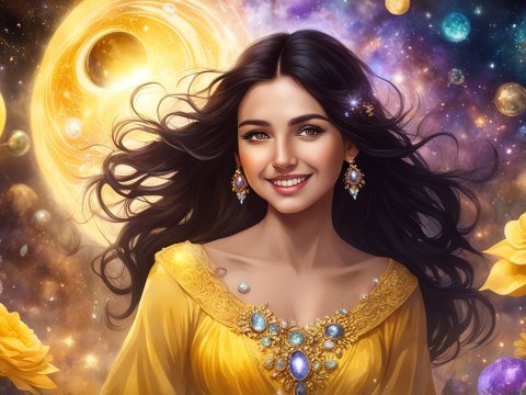 Radiant Woman in Cosmic Floral Fantasy