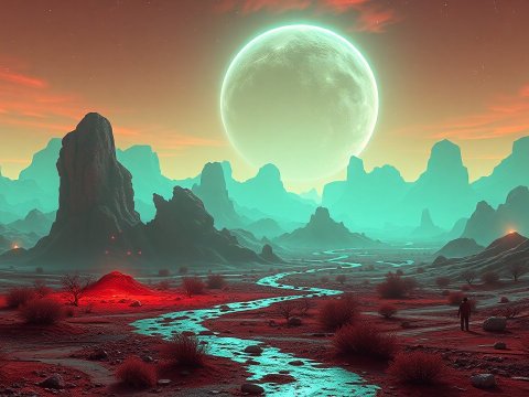 Radiation-Lit Alien Landscape with Glowing Moon