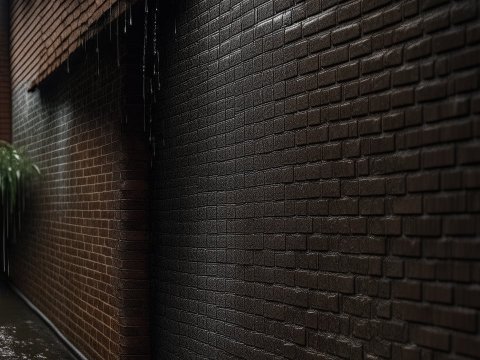 Rain-soaked Brick Wall of a House