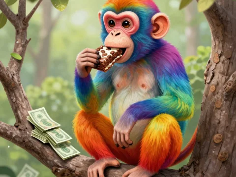 Rainbow Monkey Eating Brownie on Tree Branch