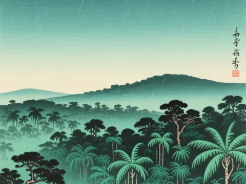 Rainy Amazon Rainforest with Origami Crane