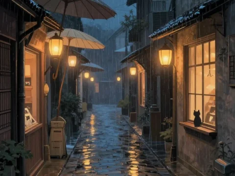 Rainy Cobblestone Street with Warm Lanterns