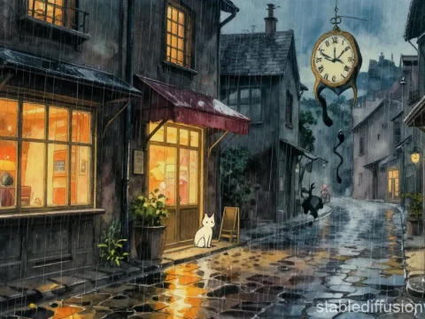 Rainy Evening on a Cozy Ghibli-Inspired Street