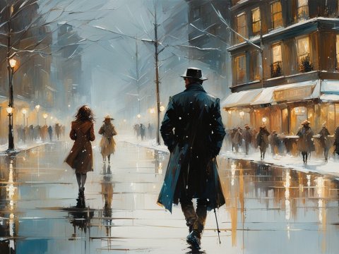 Rainy Evening Stroll in a City Street