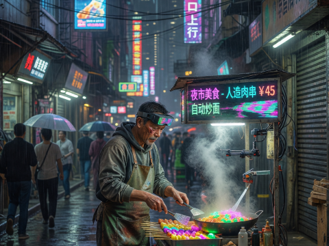 Rainy Neon Cyberpunk Street Food Stall in Hong Kong